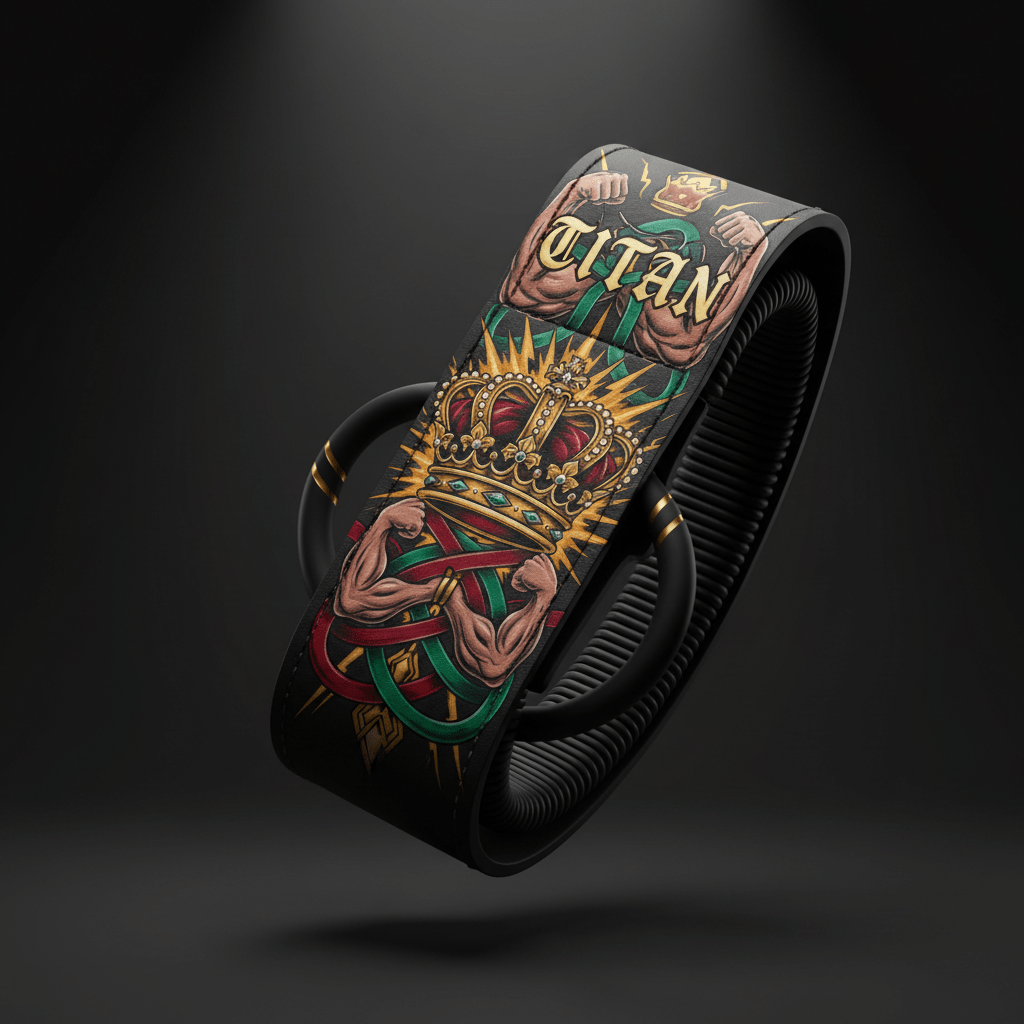 Black Titan resistance band anchor with gold "TITAN" text, crown graphic, muscular arms, and red/green ribbon design.