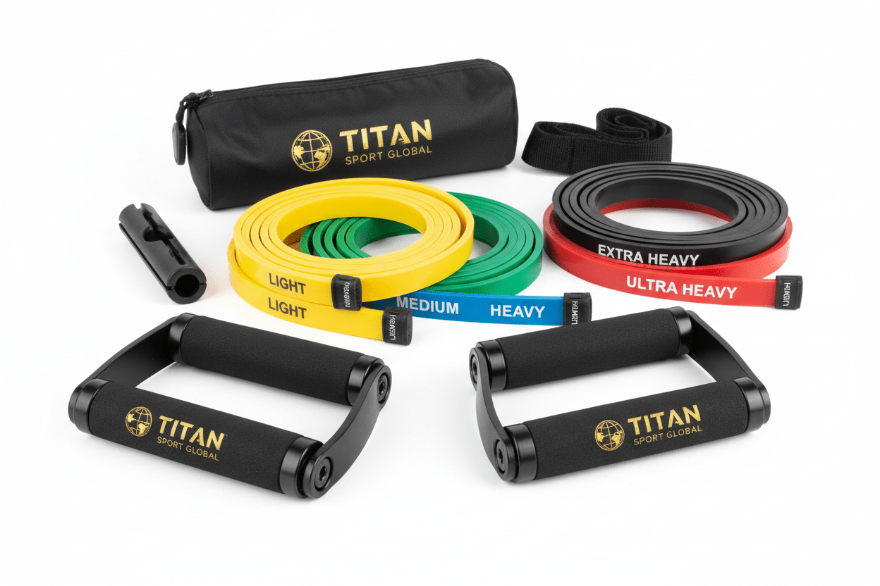 TITAN SPORT GLOBAL resistance band set with color-coded tubes, foam handles, door anchor, and black carry bag.