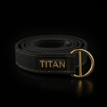 Black organic cotton yoga strap coiled with gold D-ring buckle and embroidered gold TITAN logo.