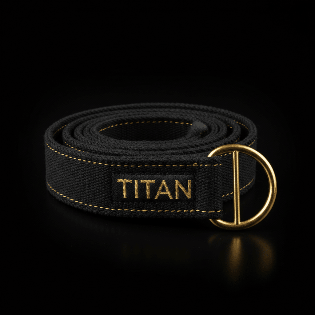 Black organic cotton yoga strap coiled with gold D-ring buckle and embroidered gold TITAN logo.