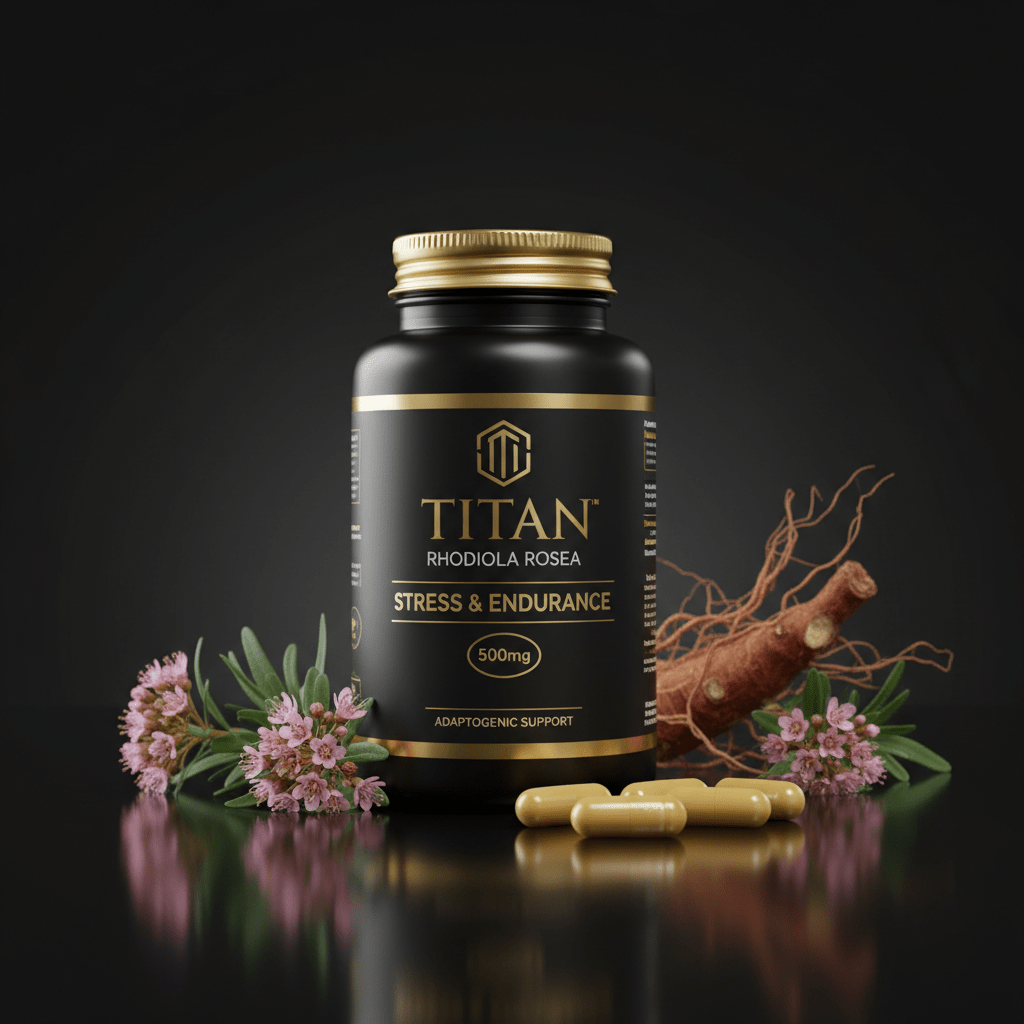 Black bottle of TITAN Rhodiola Rosea with gold text, surrounded by pink flowers, roots, and capsules on black surface.