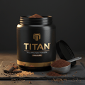 Black tub of TITAN chocolate rice protein powder with gold logo, open lid, scoop, and cocoa pieces on a stone base.