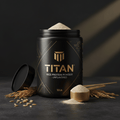 Black 12lb jar of TITAN Rice Protein Powder with gold logo, scoop, and rice grains on a dark textured surface.