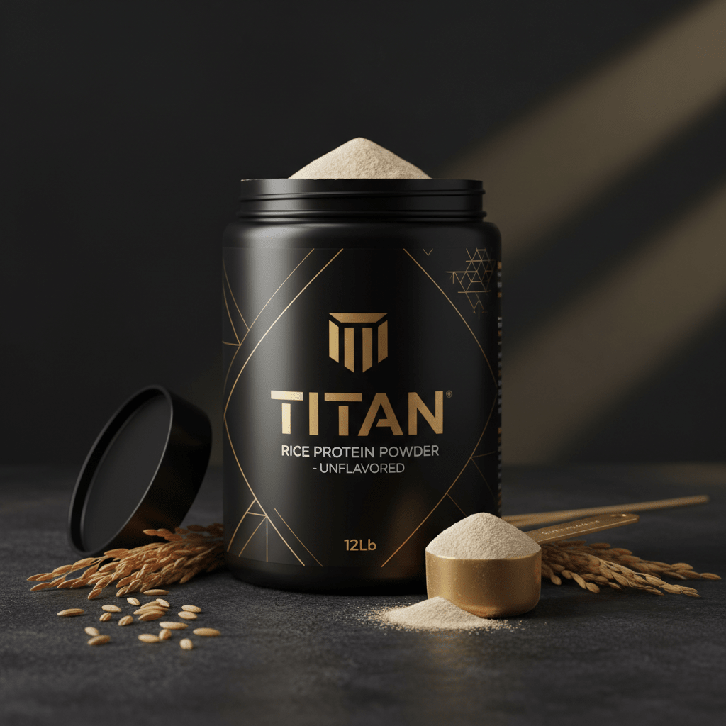 Black 12lb jar of TITAN Rice Protein Powder with gold logo, scoop, and rice grains on a dark textured surface.
