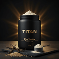Black container of Titan Vanilla Rice Protein, gold text, heaped scoop, vanilla beans, and rice on a slate surface.