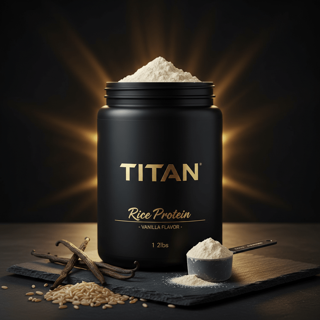 Black container of Titan Vanilla Rice Protein, gold text, heaped scoop, vanilla beans, and rice on a slate surface.