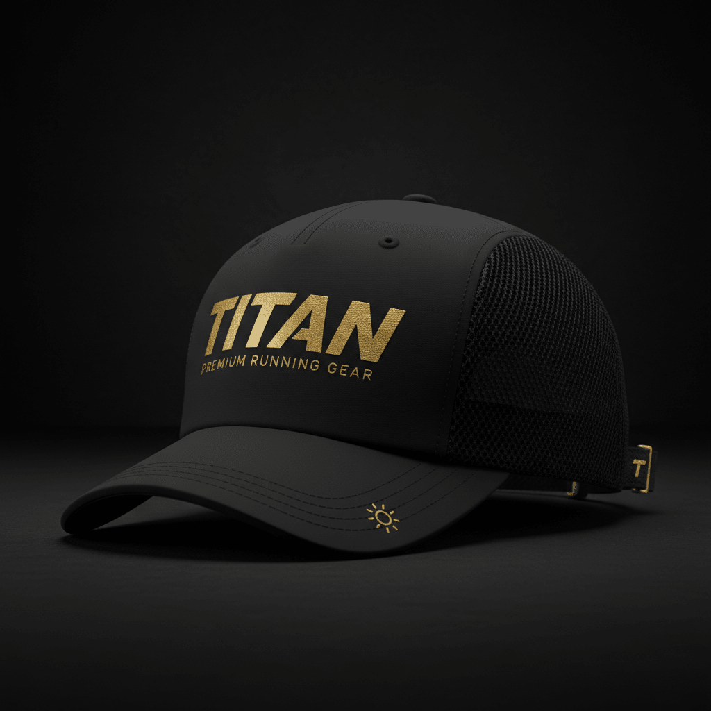 Black breathable running cap with gold TITAN logo, sun icon on the brim, and gold buckle on a black background.