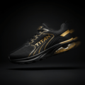 TITAN black running shoe with gold accents, breathable mesh upper, and a gold-speckled, cushioned heel sole.
