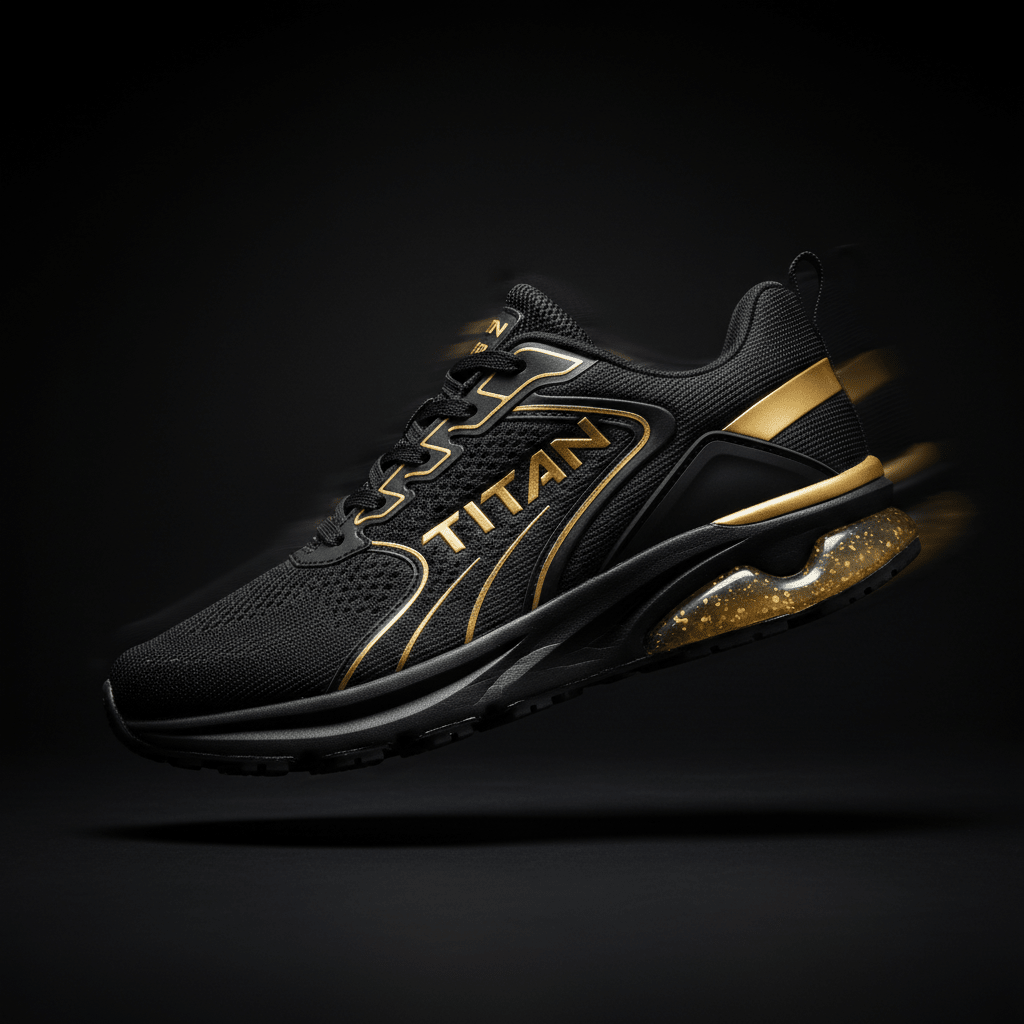 TITAN black running shoe with gold accents, breathable mesh upper, and a gold-speckled, cushioned heel sole.