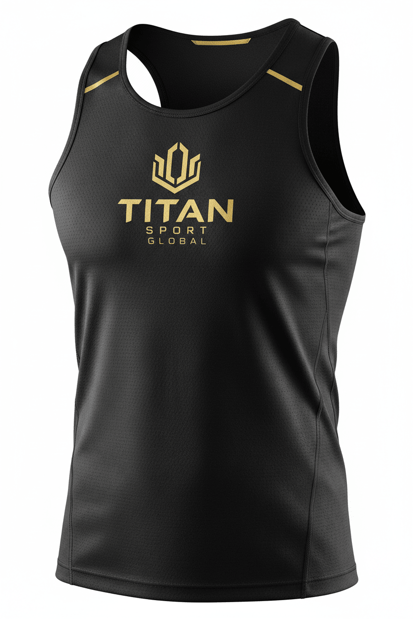 Black Titan Sport Global running singlet featuring a gold logo and trim details on a lightweight, perforated fabric.
