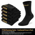 Six-pack of black crew running socks featuring gold TITAN logo embroidery on the cuffs.