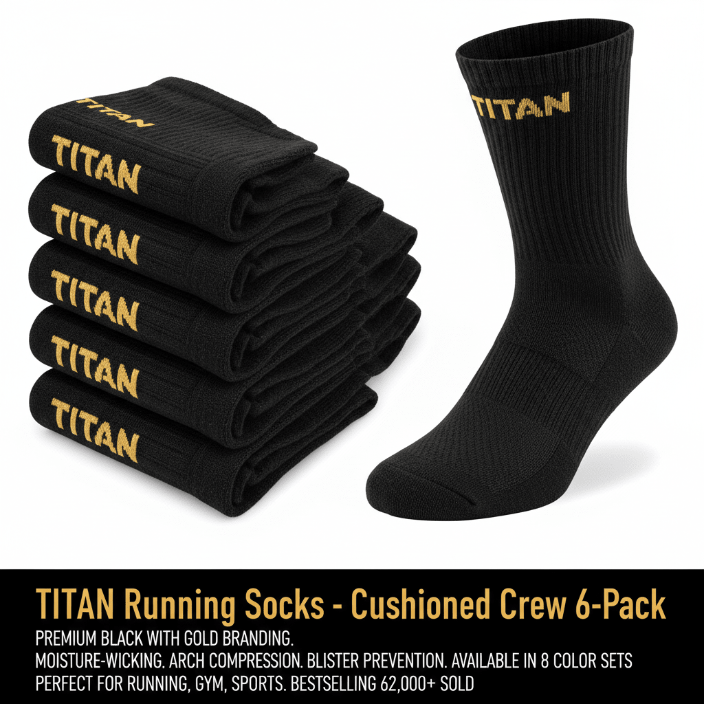 Six-pack of black crew running socks featuring gold TITAN logo embroidery on the cuffs.