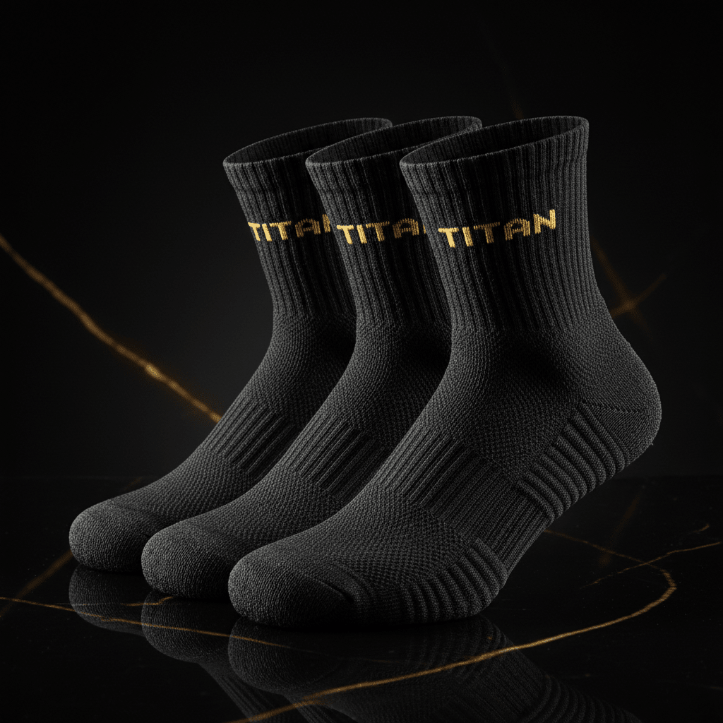 Three black TITAN performance running socks with gold-stitched branding on ribbed cuffs, set on a marble surface.