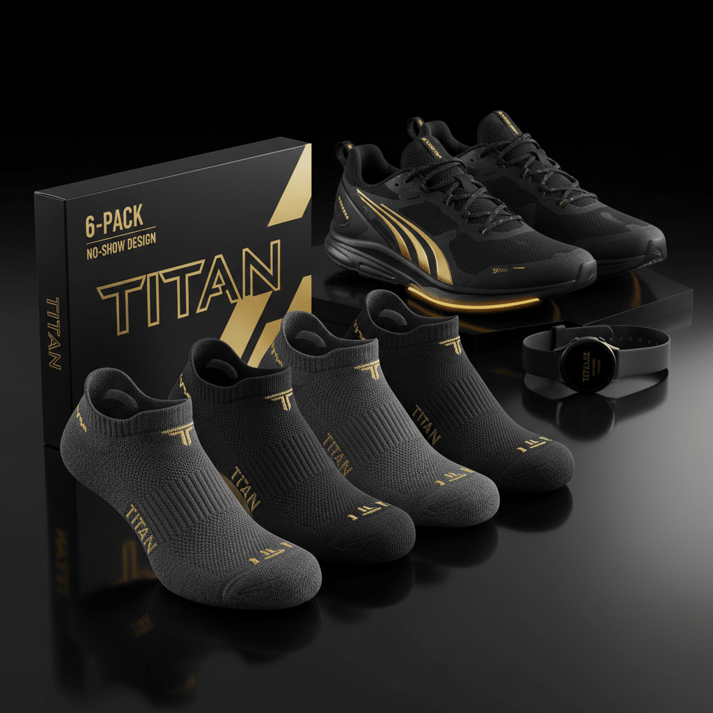 TITAN 6-pack charcoal gray no-show running socks with gold branding, displayed with black shoes and a sports watch.