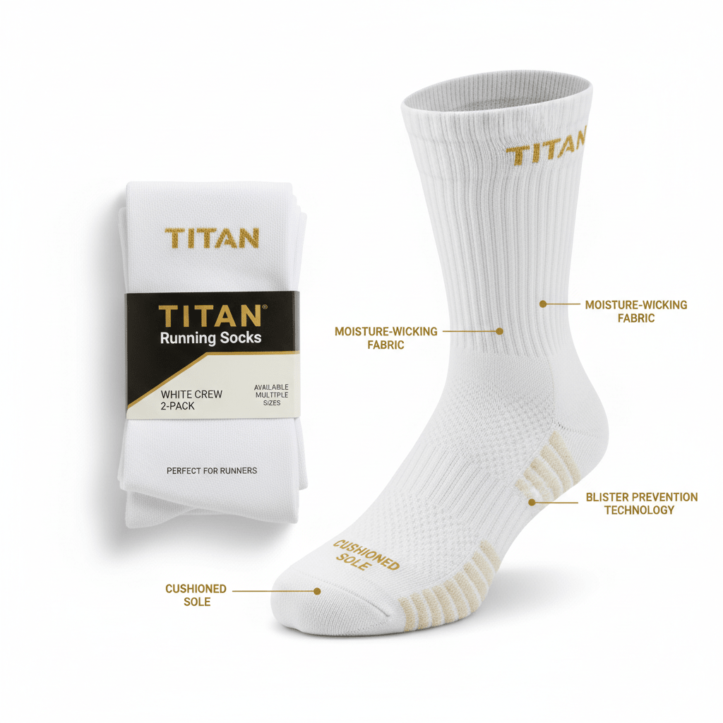TITAN white crew running socks 2-pack with gold text, moisture-wicking fabric, cushioned sole, and blister protection.