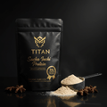 Black stand-up pouch of TITAN Sacha Inchi Protein with gold logo, text, and a protein scoop on a dark surface.