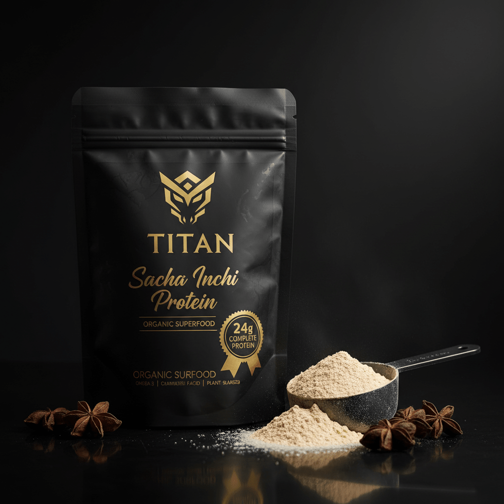 Black stand-up pouch of TITAN Sacha Inchi Protein with gold logo, text, and a protein scoop on a dark surface.