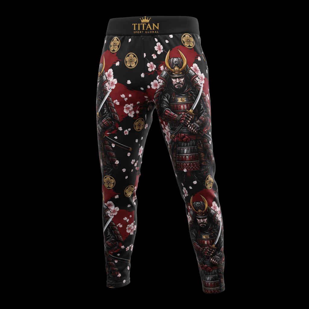 Titan Samurai Bushido pants featuring warrior prints, red brushstrokes, and cherry blossoms on a black background.