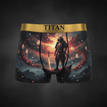 TITAN boxer briefs with gold waistband, featuring a samurai, glowing sword, cherry blossoms, and kanji on black fabric.