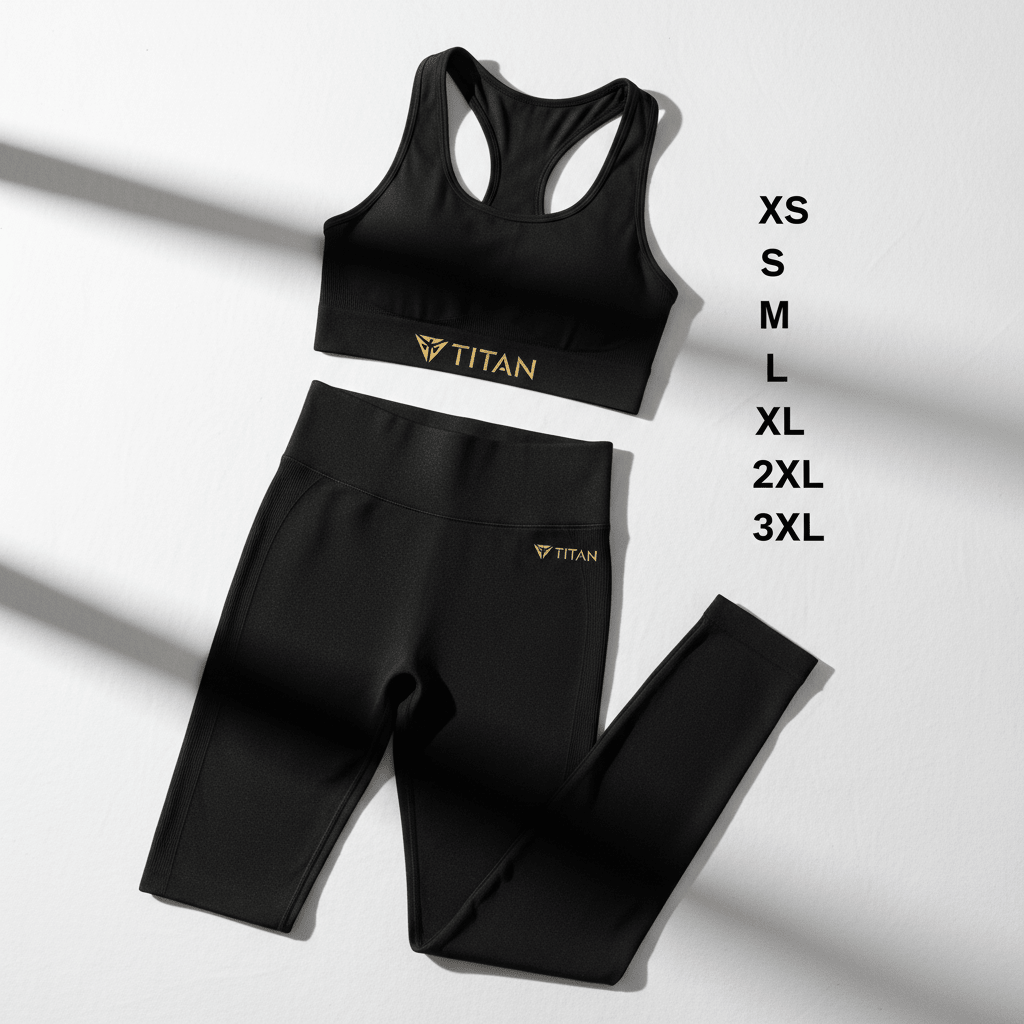 Black seamless racerback sports bra and high-waisted leggings set with gold TITAN logos and size chart list.