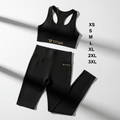 Black seamless racerback sports bra and high-waisted leggings set with gold TITAN logos and size chart list.