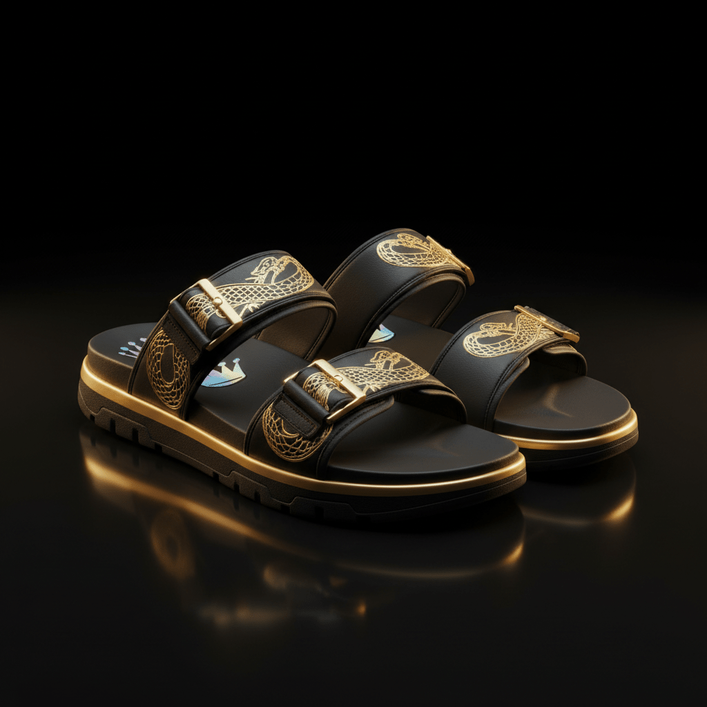 Black Titan Serpent King sport sandals with gold buckle straps, intricate snake art, and iridescent crown logos.