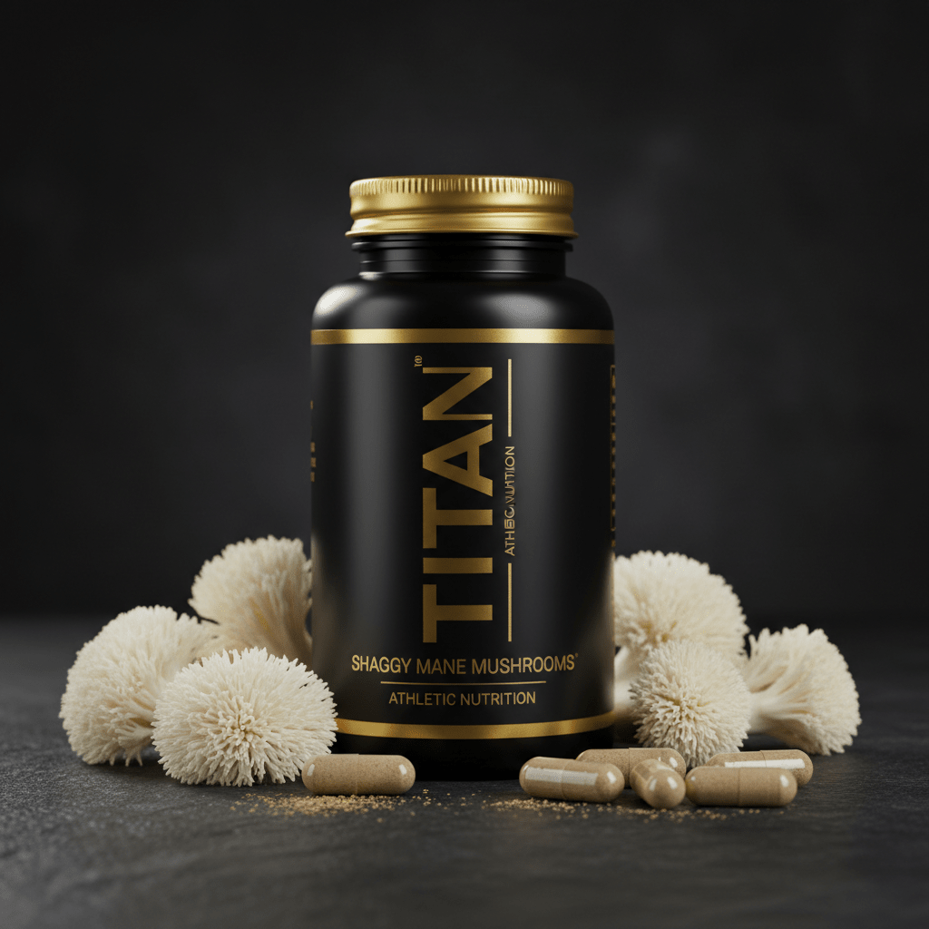 Black supplement bottle with gold label "TITAN Shaggy Mane Mushrooms," surrounded by shaggy mane mushrooms and capsules.
