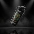 Black TITAN Shaker Bottle with a gold crown and green snake graphic, suspended with water droplets on a dark background.