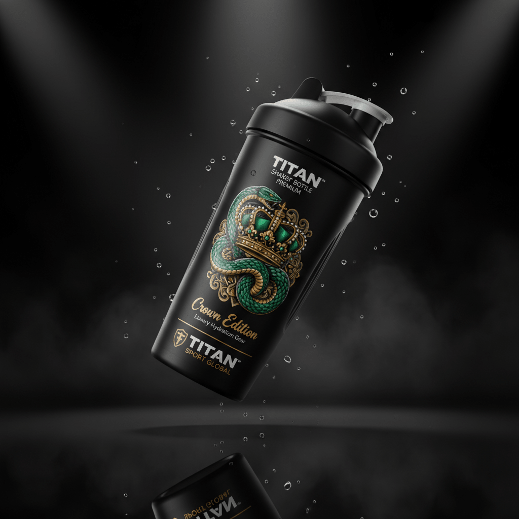 Black TITAN Shaker Bottle with a gold crown and green snake graphic, suspended with water droplets on a dark background.