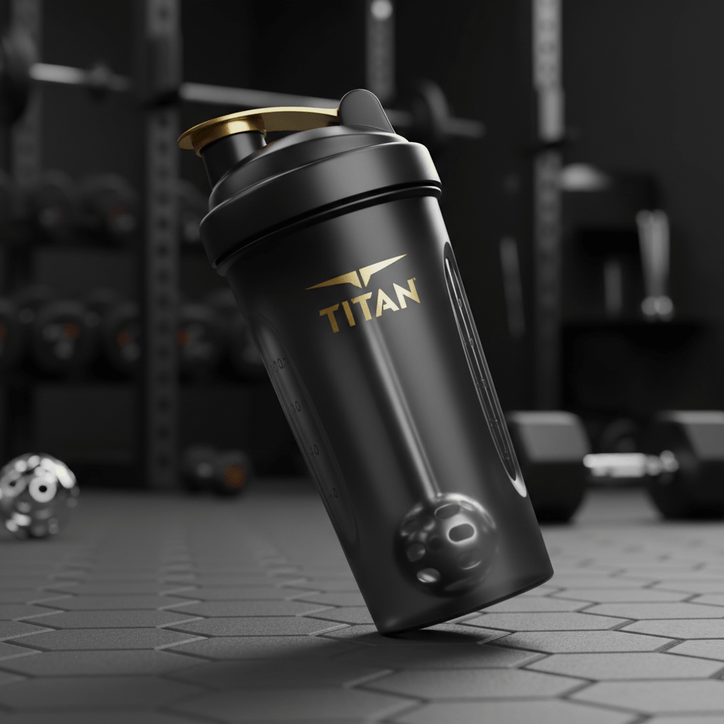 Black 28oz TITAN shaker bottle with gold logo and lid, featuring an internal blender ball, set in a dark gym.