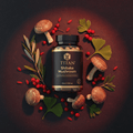 TITAN Shiitake Mushroom supplement bottle centered, surrounded by shiitake mushrooms, red berries, and green leaves.