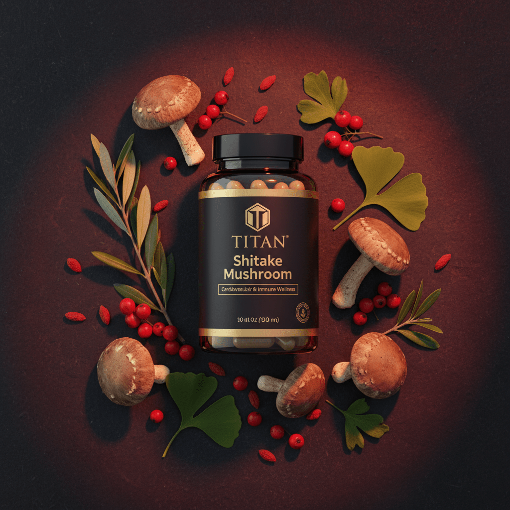 TITAN Shiitake Mushroom supplement bottle centered, surrounded by shiitake mushrooms, red berries, and green leaves.