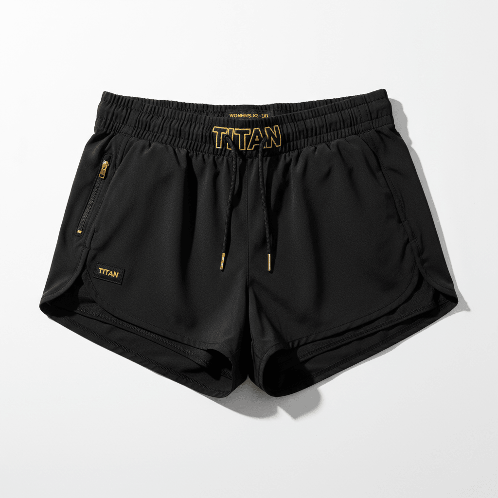 Black Titan women's running shorts with gold logo waistband, drawstring, zip pocket, and woven brand patch.