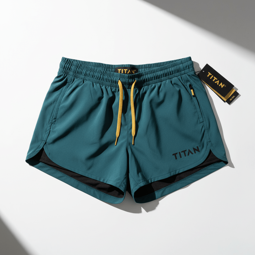 Teal women's 5" running shorts with a black inner liner, yellow drawstring, elastic waistband, and TITAN logo branding.