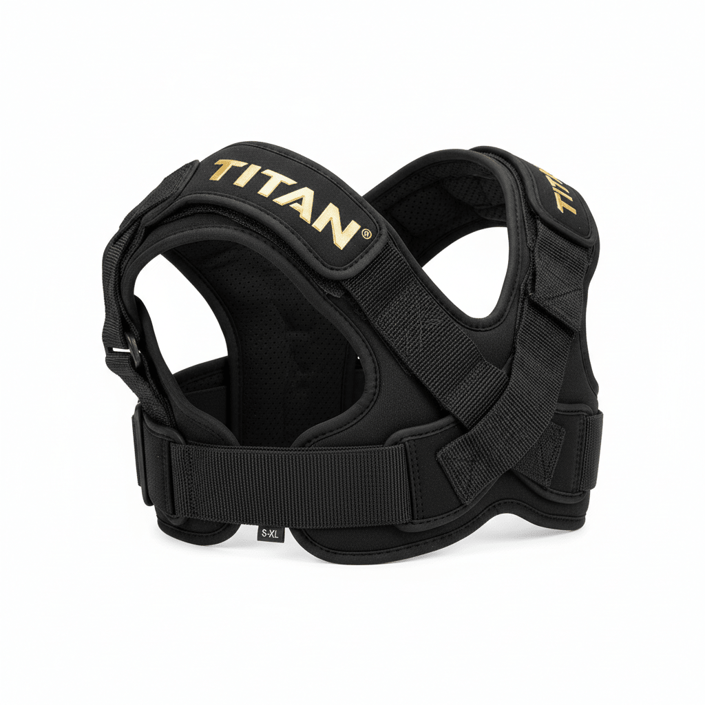 Black adjustable TITAN shoulder brace with gold branding on padded straps and secure Velcro closure.
