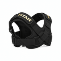 Black adjustable TITAN shoulder brace with gold branding on padded straps and secure Velcro closure.