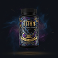 TITAN Sleep Support bottle features gold crowns and moons on a dark, celestial purple and blue patterned background.