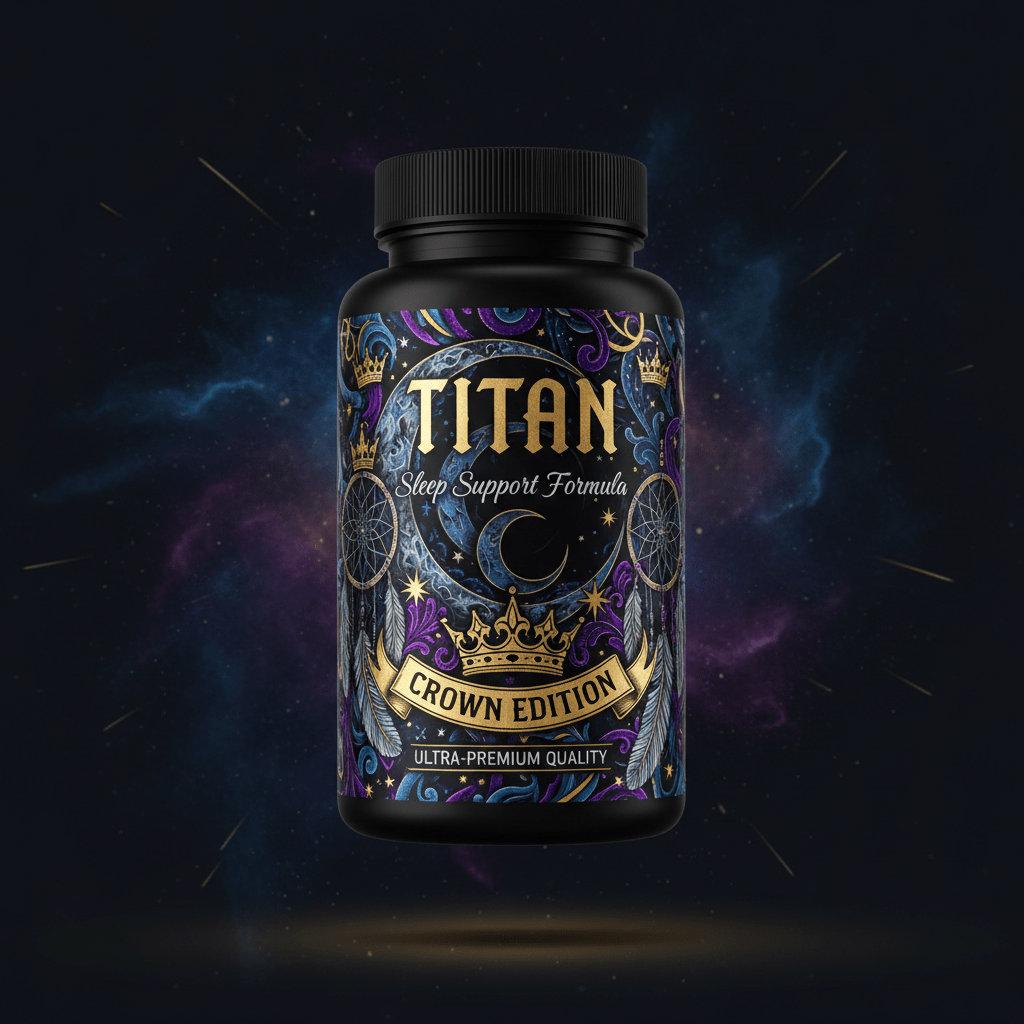 TITAN Sleep Support bottle features gold crowns and moons on a dark, celestial purple and blue patterned background.