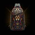 TITAN sling bag featuring a roaring lion with a crown, red roses, and geometric gold patterns on a black background.