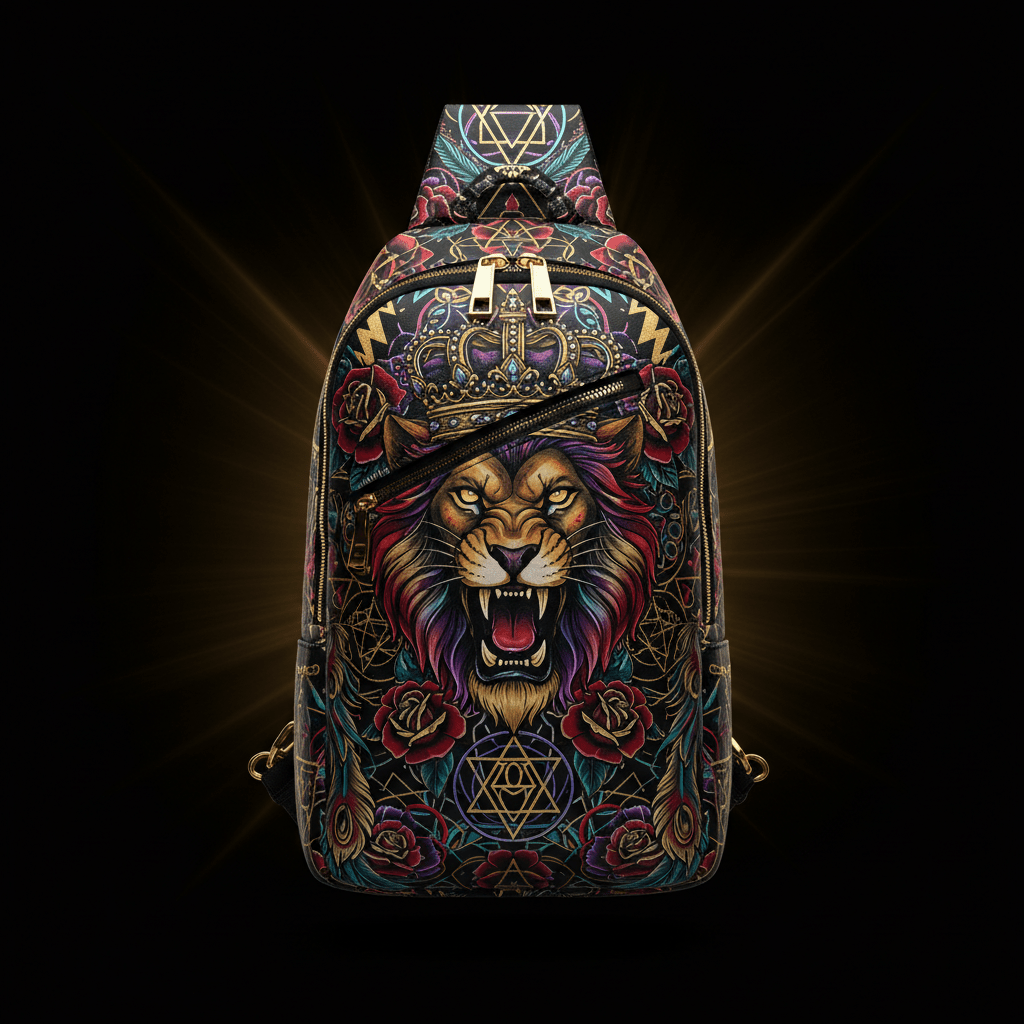 TITAN sling bag featuring a roaring lion with a crown, red roses, and geometric gold patterns on a black background.
