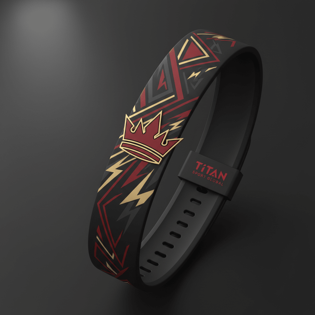 Black silicone watch band with red crown icon and gold geometric lightning patterns, featuring TITAN logo loop.