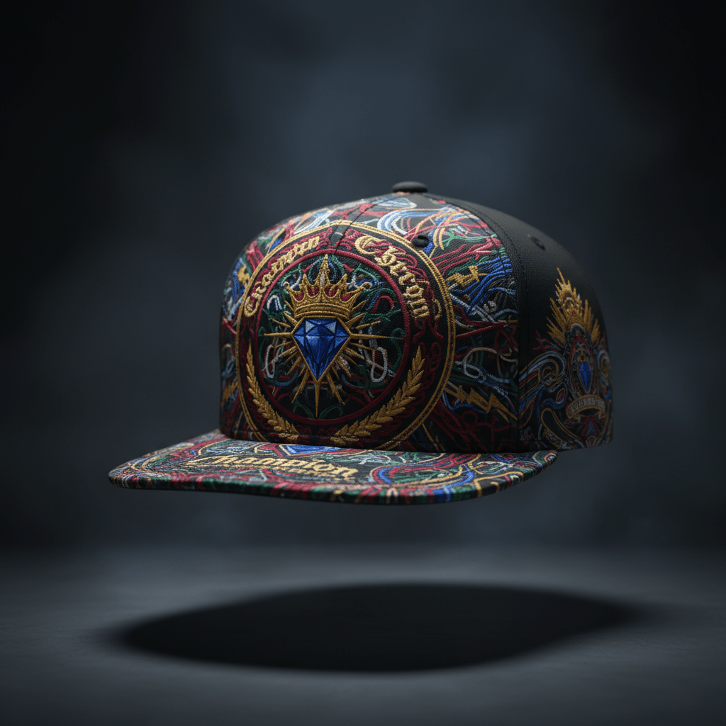 TITAN snapback cap with intricate, multi-colored embroidered crown, diamond motif, and gold detailing on black base.