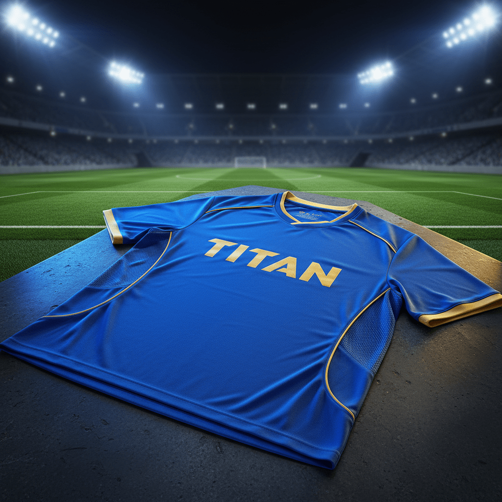 Blue moisture-wicking soccer jersey with yellow accents, "TITAN" gold logo, V-neck, and side mesh panels on a field.
