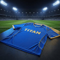 Blue moisture-wicking soccer jersey with yellow accents, "TITAN" gold logo, V-neck, and side mesh panels on a field.