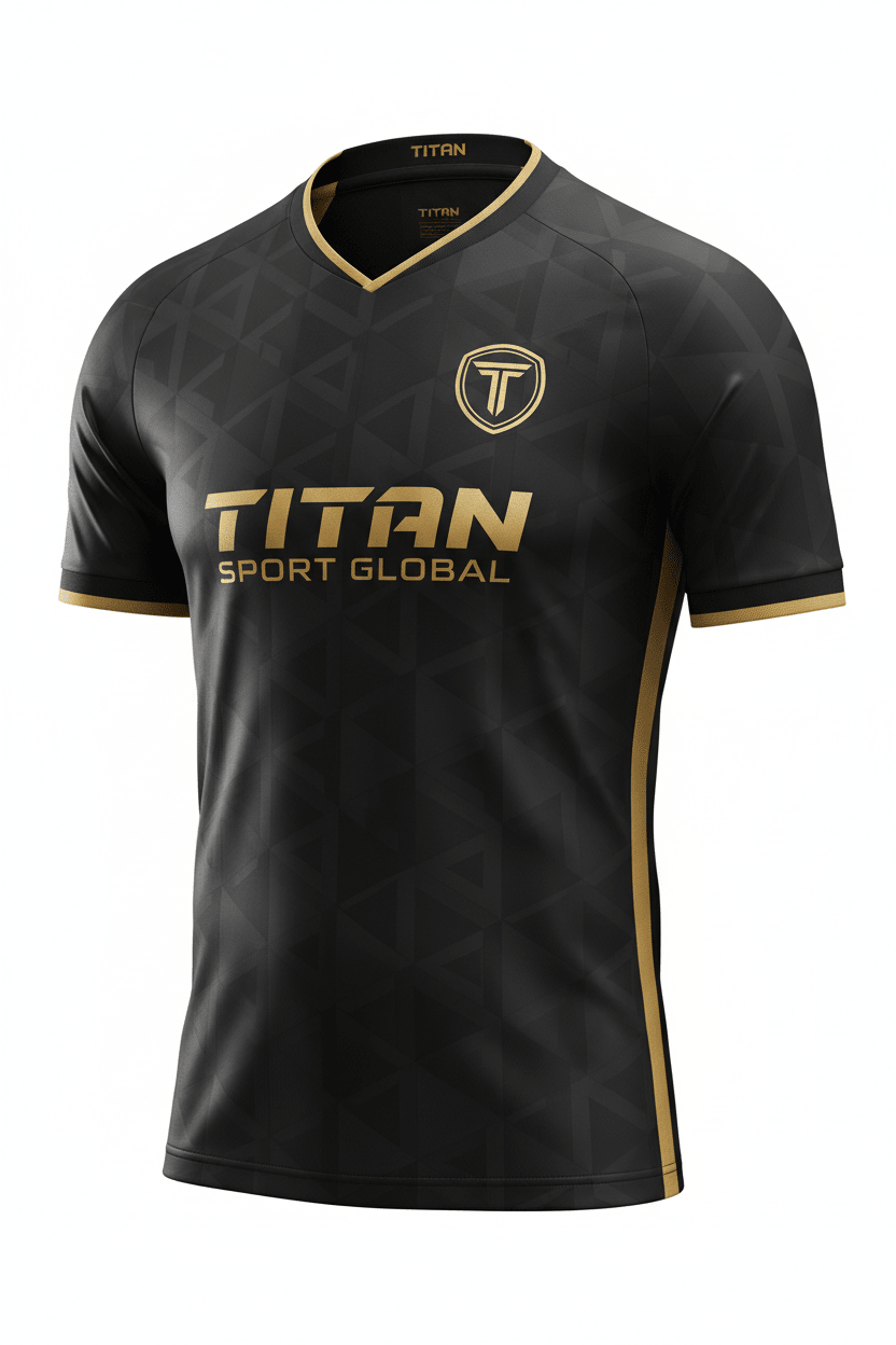 Black soccer jersey with gold trim, geometric pattern, and gold TITAN SPORT GLOBAL branding.
