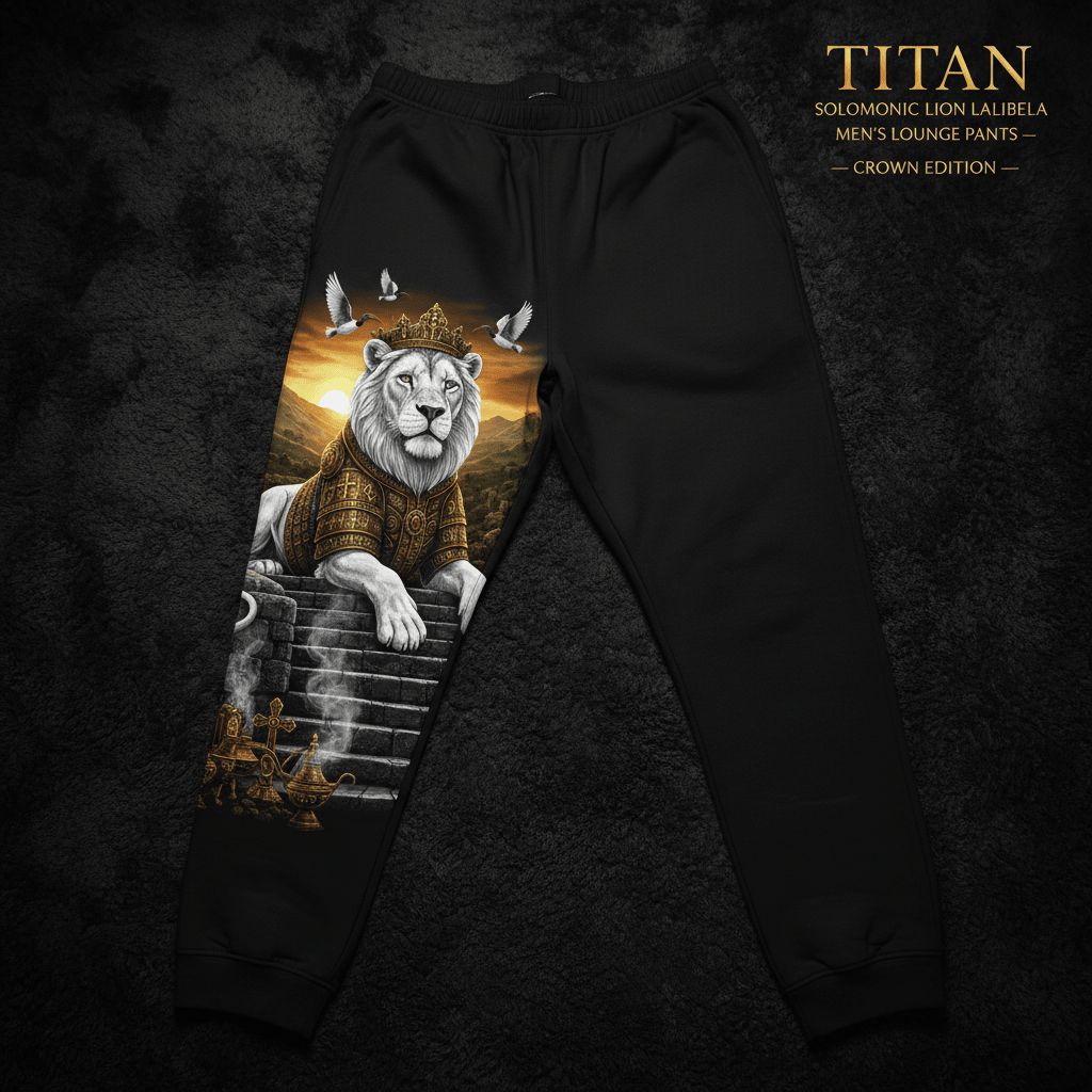 Black lounge pants featuring a graphic of a crowned white lion in regal robes on stone steps, set at sunset.