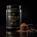 Black tub of TITAN Soy Protein Isolate (Chocolate) with gold text, scoop of brown powder, and dark chocolate squares.