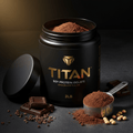 Open black tub of Titan chocolate soy protein powder with gold logo, measuring scoop, chocolate pieces, and soy beans.