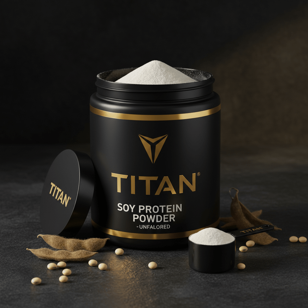 Black jar of TITAN Soy Protein Powder with gold logo, open lid, scoop, and scattered soybeans on dark surface.