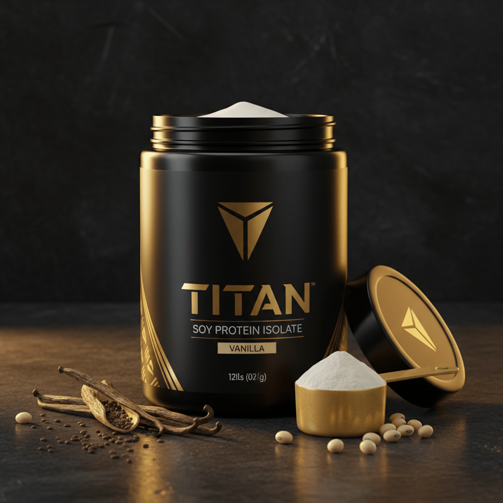 Black tub of TITAN Soy Protein Isolate in Vanilla with gold logo and scoop, scattered soybeans and vanilla beans.
